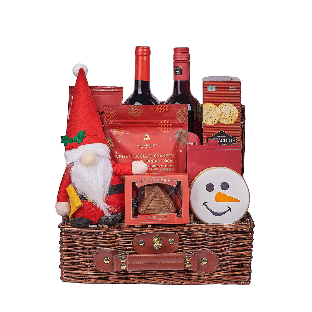 Christmas Wine and Plush Santa Basket – how the gift is presented