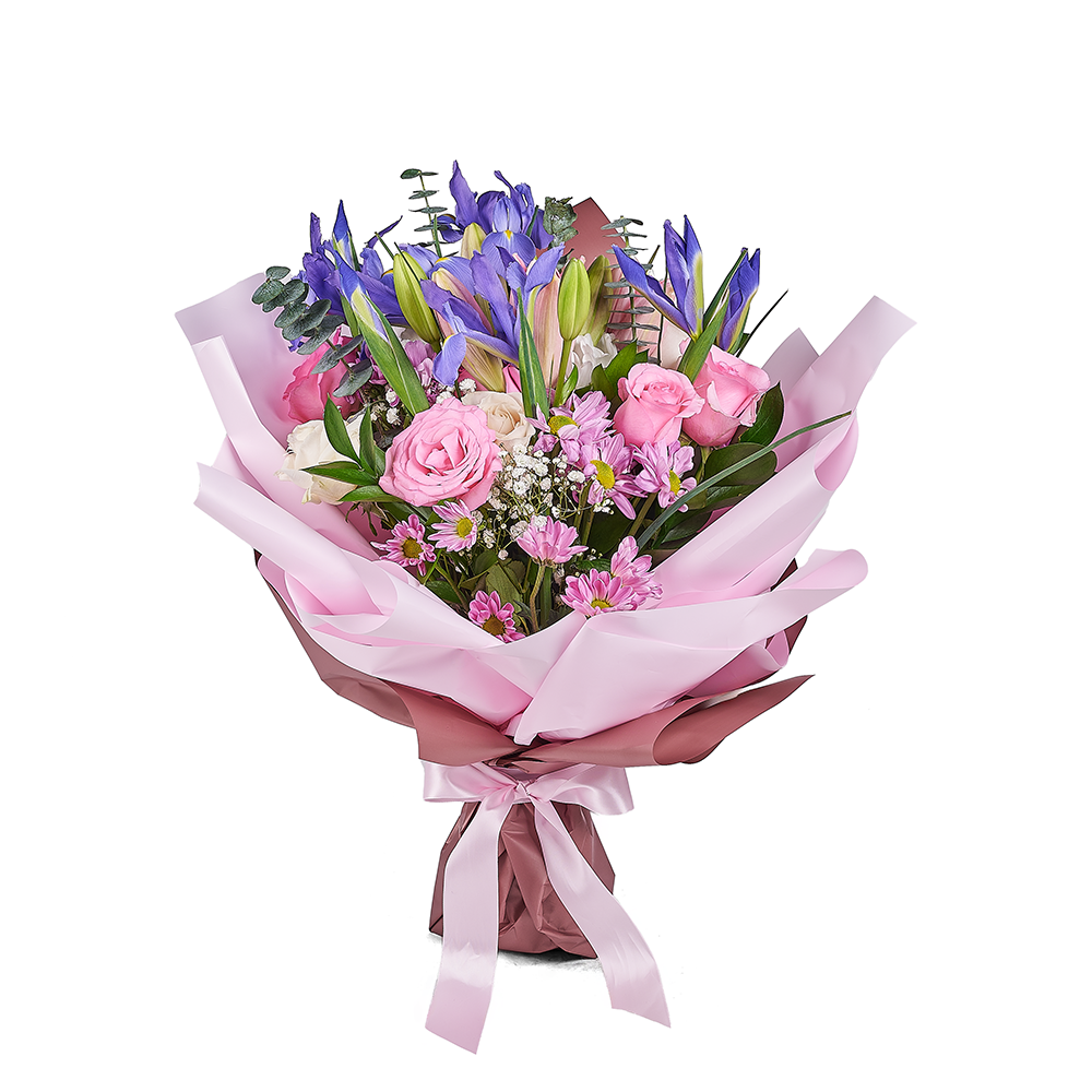 Large Purple Iris, Lily, and Rose Floral Wrap Bouquet – how the gift is presented