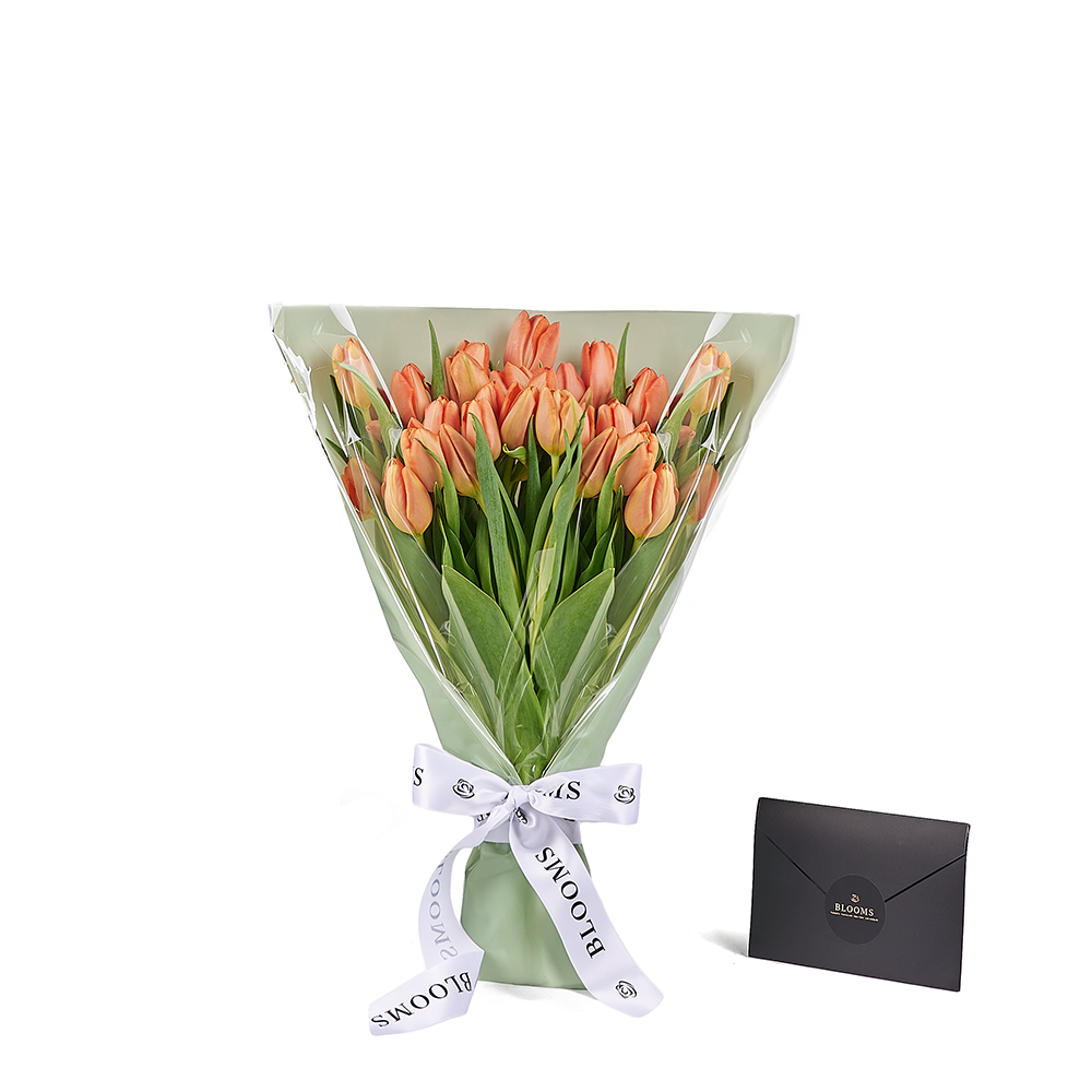 Seasonal Peach Tulips Wrapped Bouquet – how the gift is presented