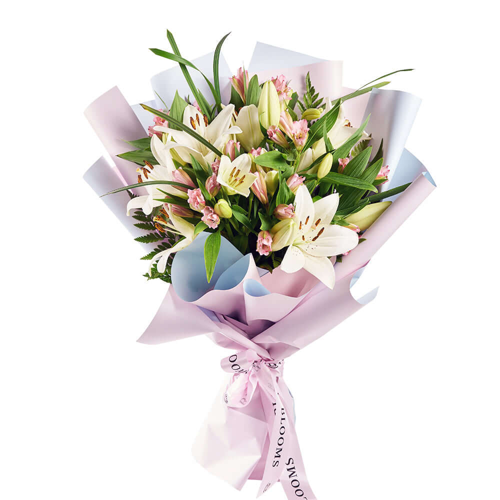 White Lilies and Pink Alstroemeria Bouquet – how the gift is presented