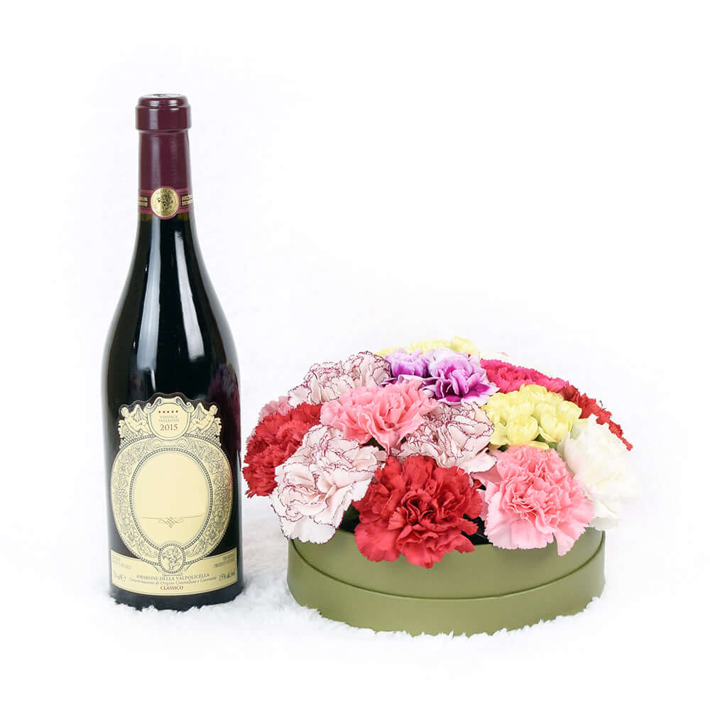 Red Carnation Flower and Wine Gift – how the gift is presented