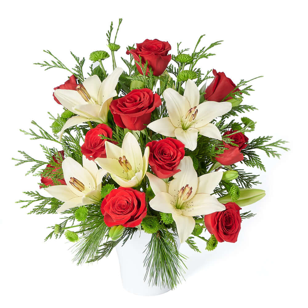 Red Rose and White Lily Arrangement – how the gift is presented
