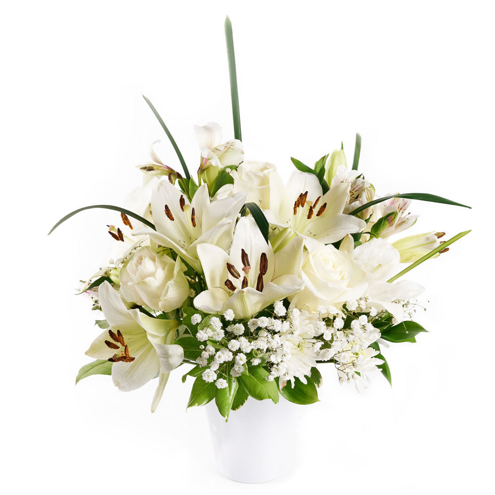 Mixed Lily and Rose Arrangement – how the gift is presented