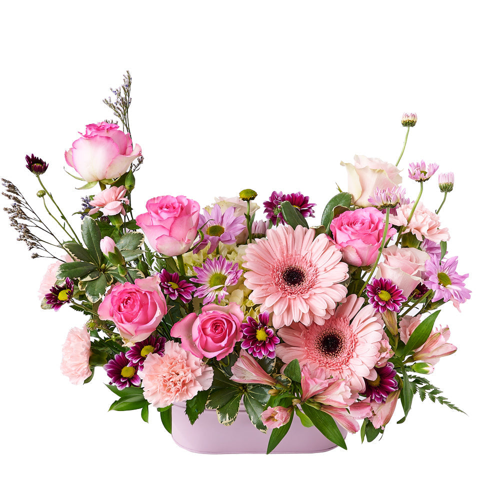 Pink and White Roses and Hydrangeas Floral Arrangement in Metal Container – how the gift is presented