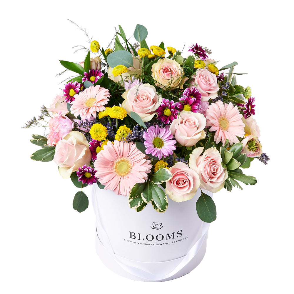 Deluxe Gourmet Floral Arrangement Gift in Tall Hat Box – how the gift is presented