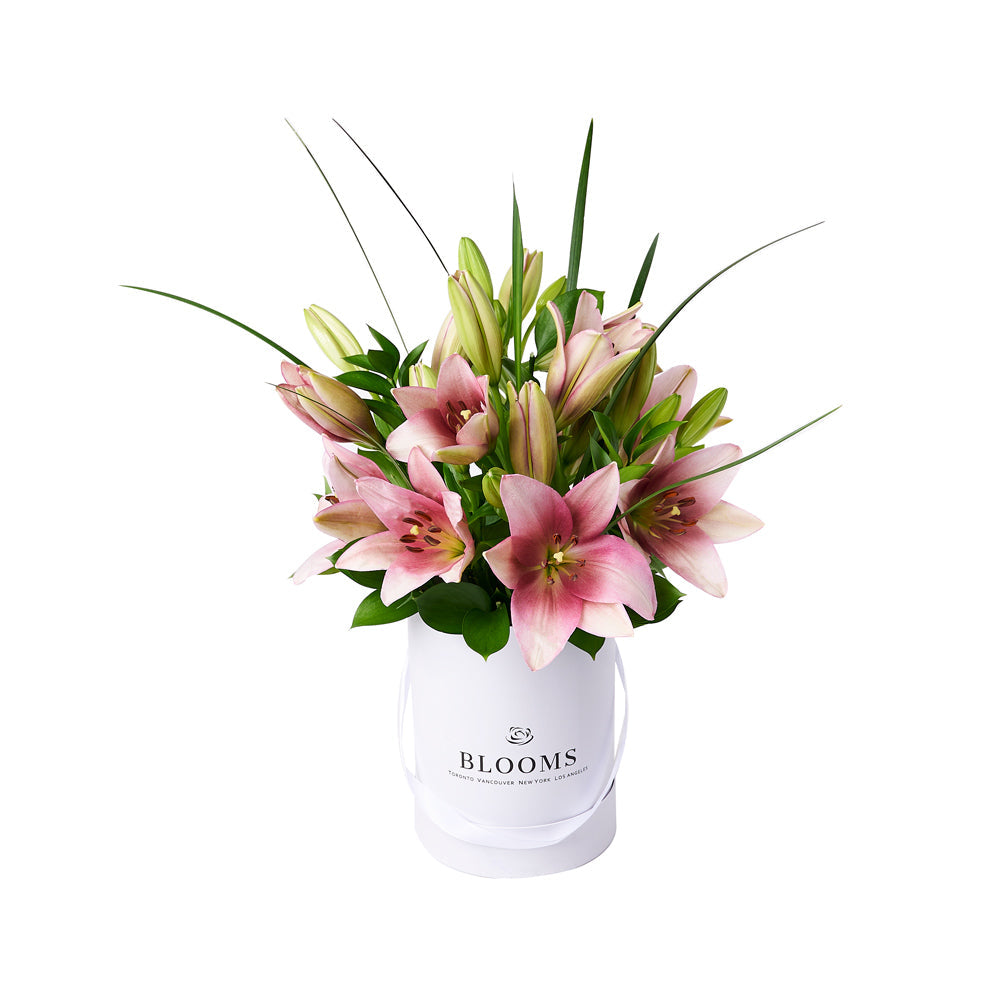 Pink Lilies Tall White Hat Box – how the gift is presented