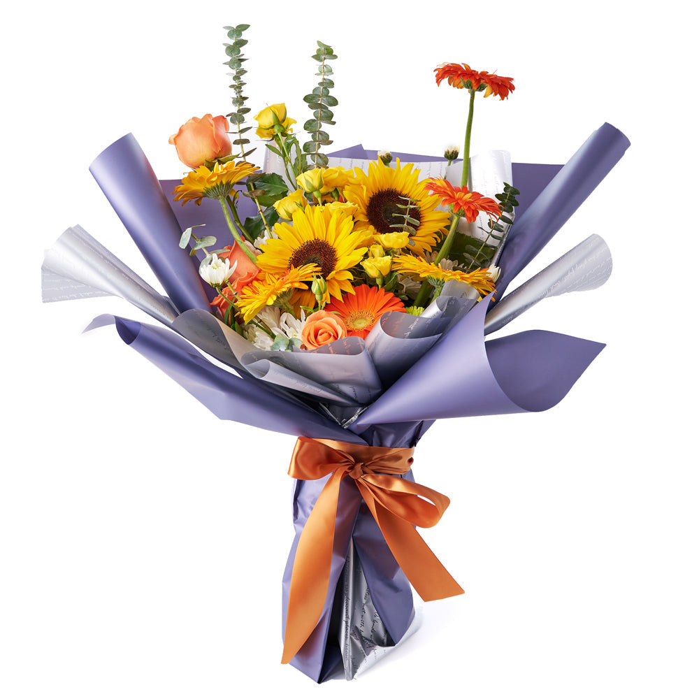 Vibrant Sunflower and Rose Bouquet in Floral Wrap – how the gift is presented