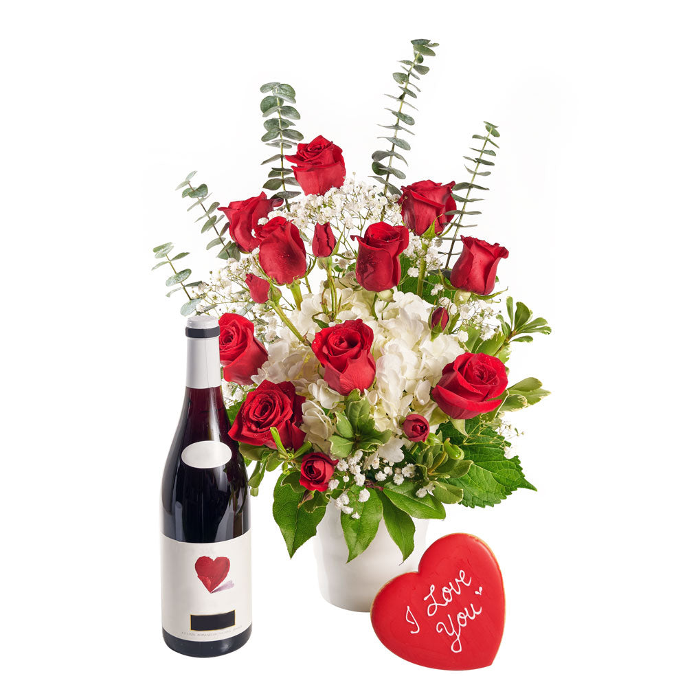 Rose and Hydrangea Vase with Wine, Vancouver – how the gift is presented