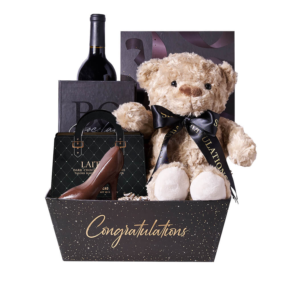 Wine and Chocolates Graduation Gift Basket – how the gift is presented