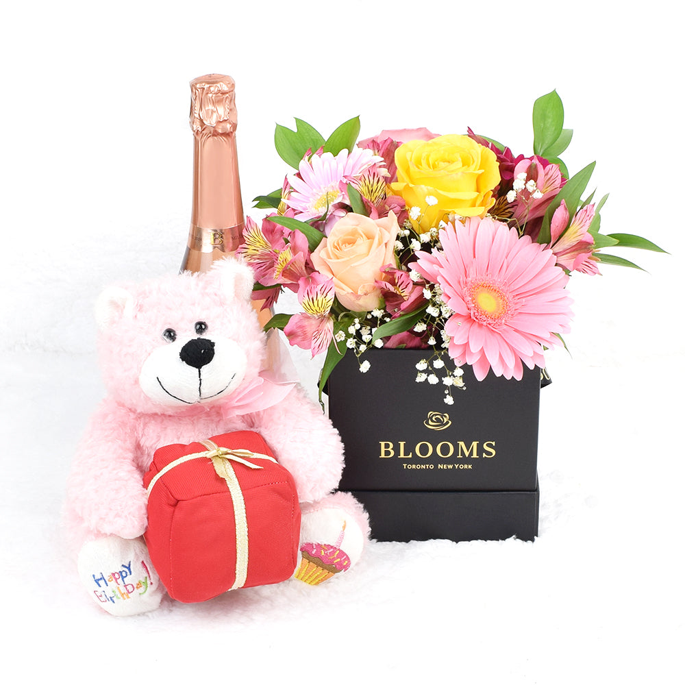 Sparkling Wine and Pink Flower Arrangement – how the gift is presented