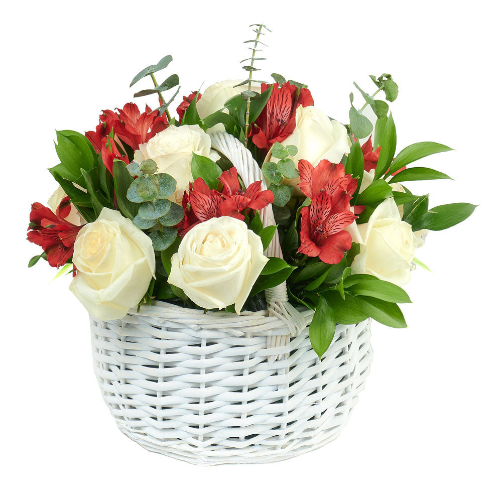 Red and White Rose Basket – how the gift is presented