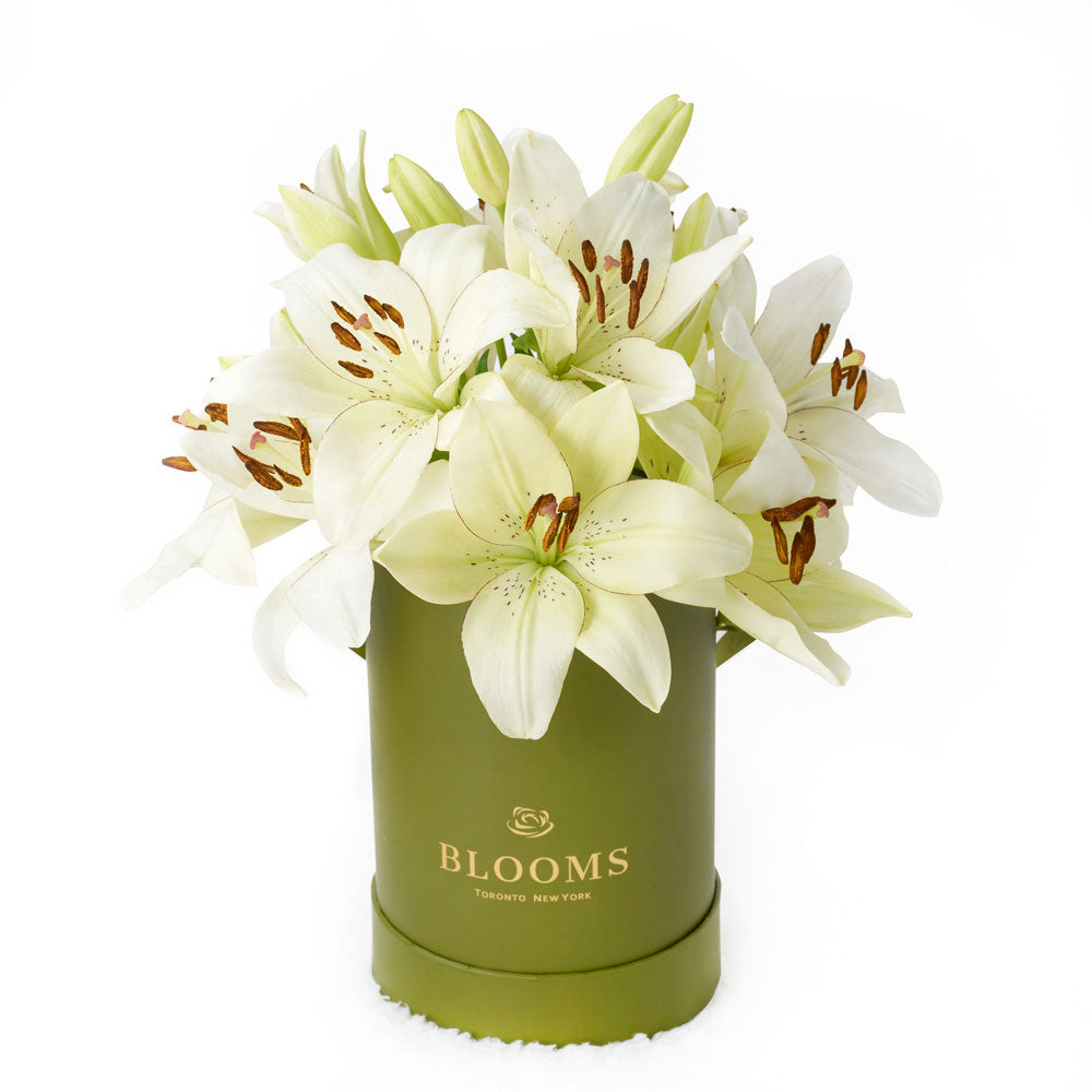 White Lily Hat Box Arrangement – how the gift is presented