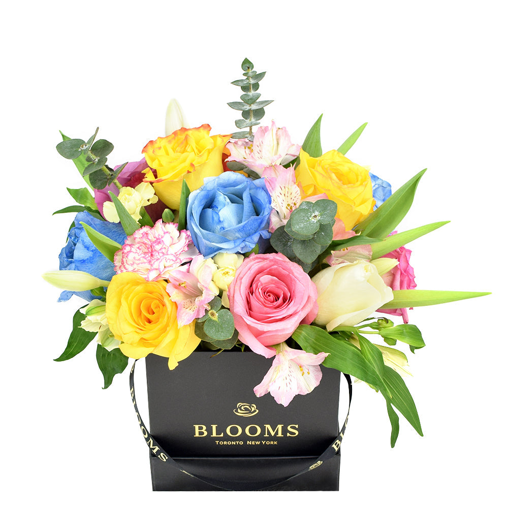 Joyful Mixed Flower Arrangement in Square Black Hat Box – how the gift is presented