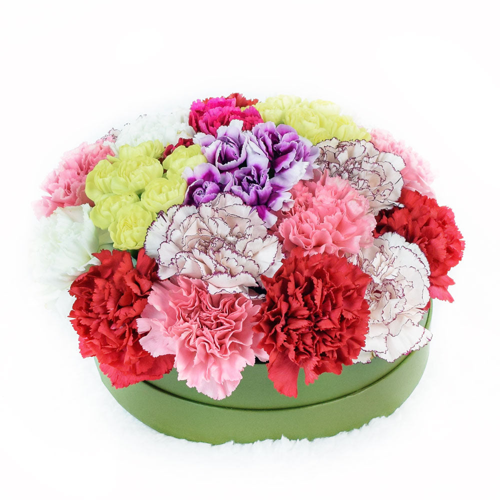 Green Hat Box Carnation Arrangement – how the gift is presented