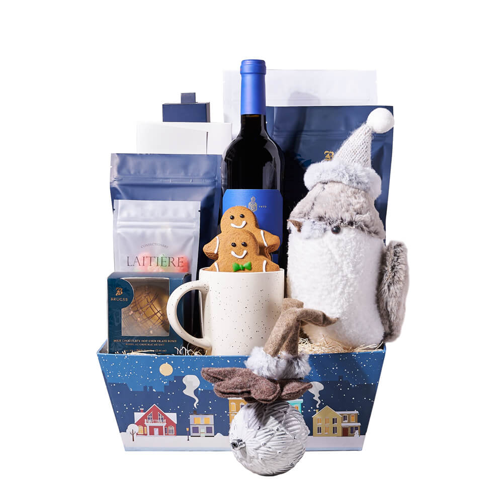 Wine and Holiday Plush Gift Basket – how the gift is presented