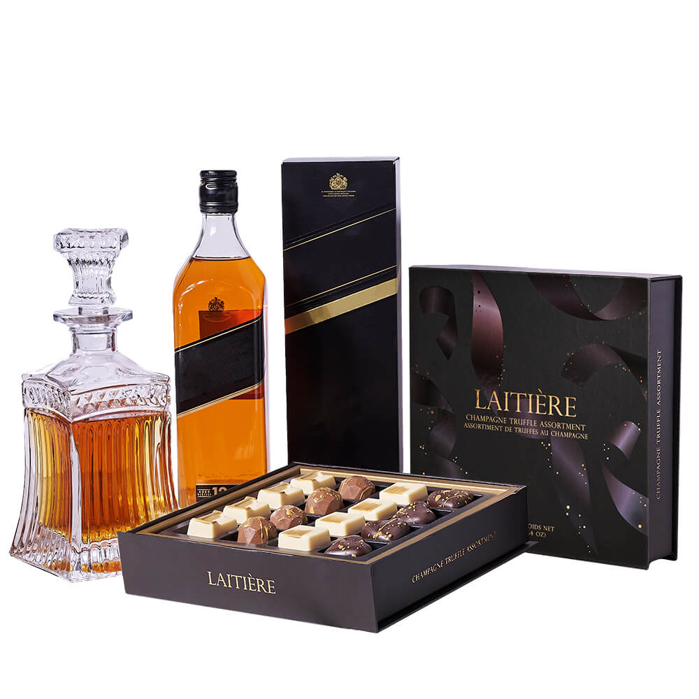 Whiskey Decanter and Chocolate Truffles Gift – how the gift is presented