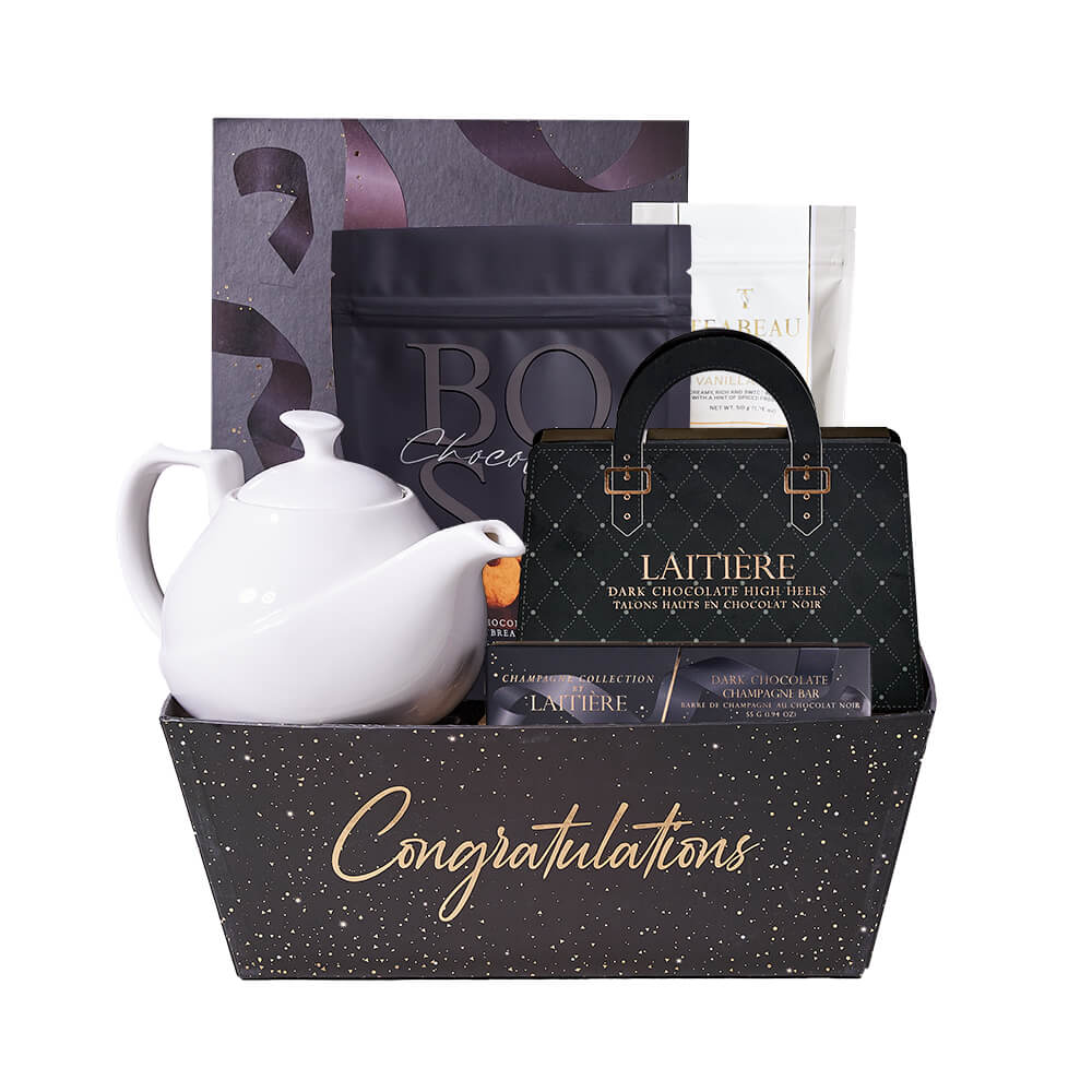 Graduation Chocolate and Tea Pot Basket – how the gift is presented