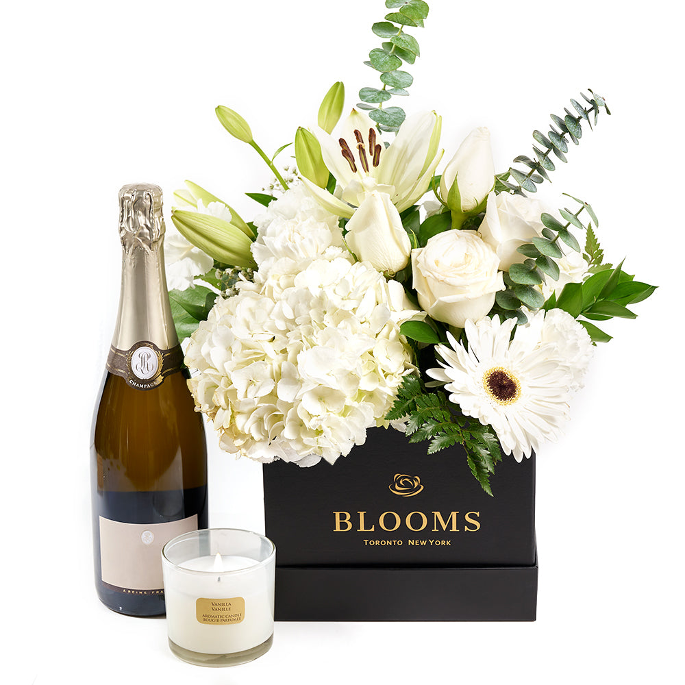 Sparkling Wine and White Floral Gift – how the gift is presented
