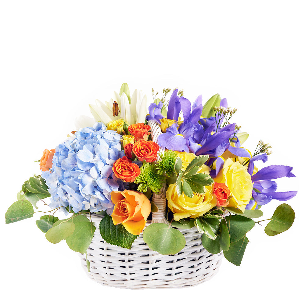 Luxe Mixed Flower Arrangement with Irises and Roses – how the gift is presented