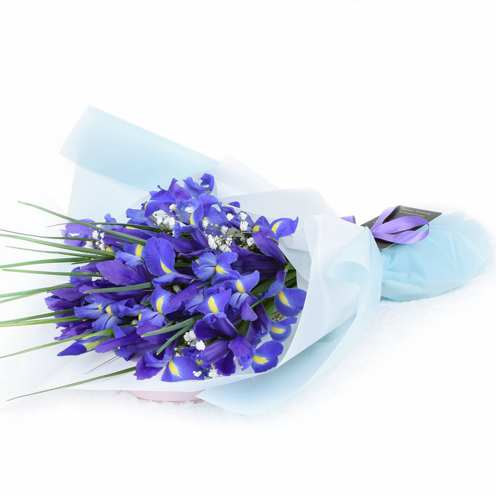 Baby's Breath and Iris Seasonal Bouquet – how the gift is presented