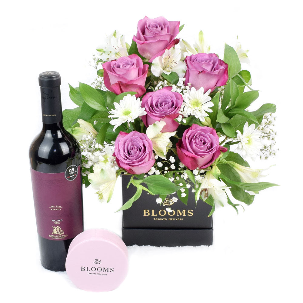 Mixed White and Purple Flower Arrangement – how the gift is presented