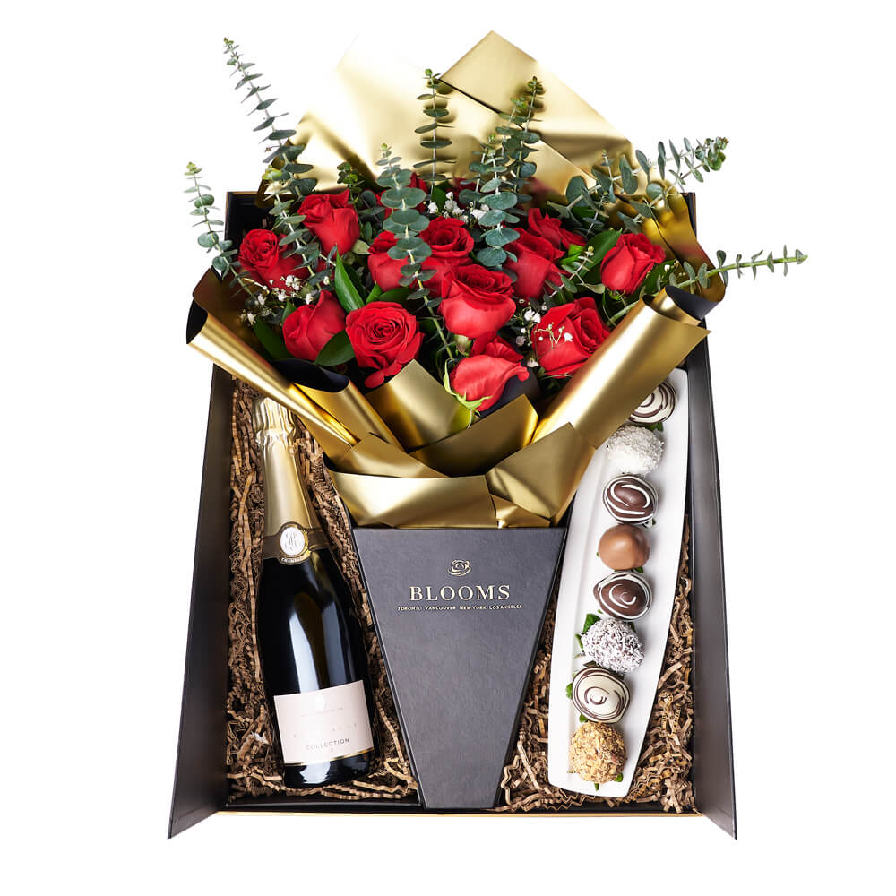 Red Rose Bouquet with Sparkling Wine – how the gift is presented