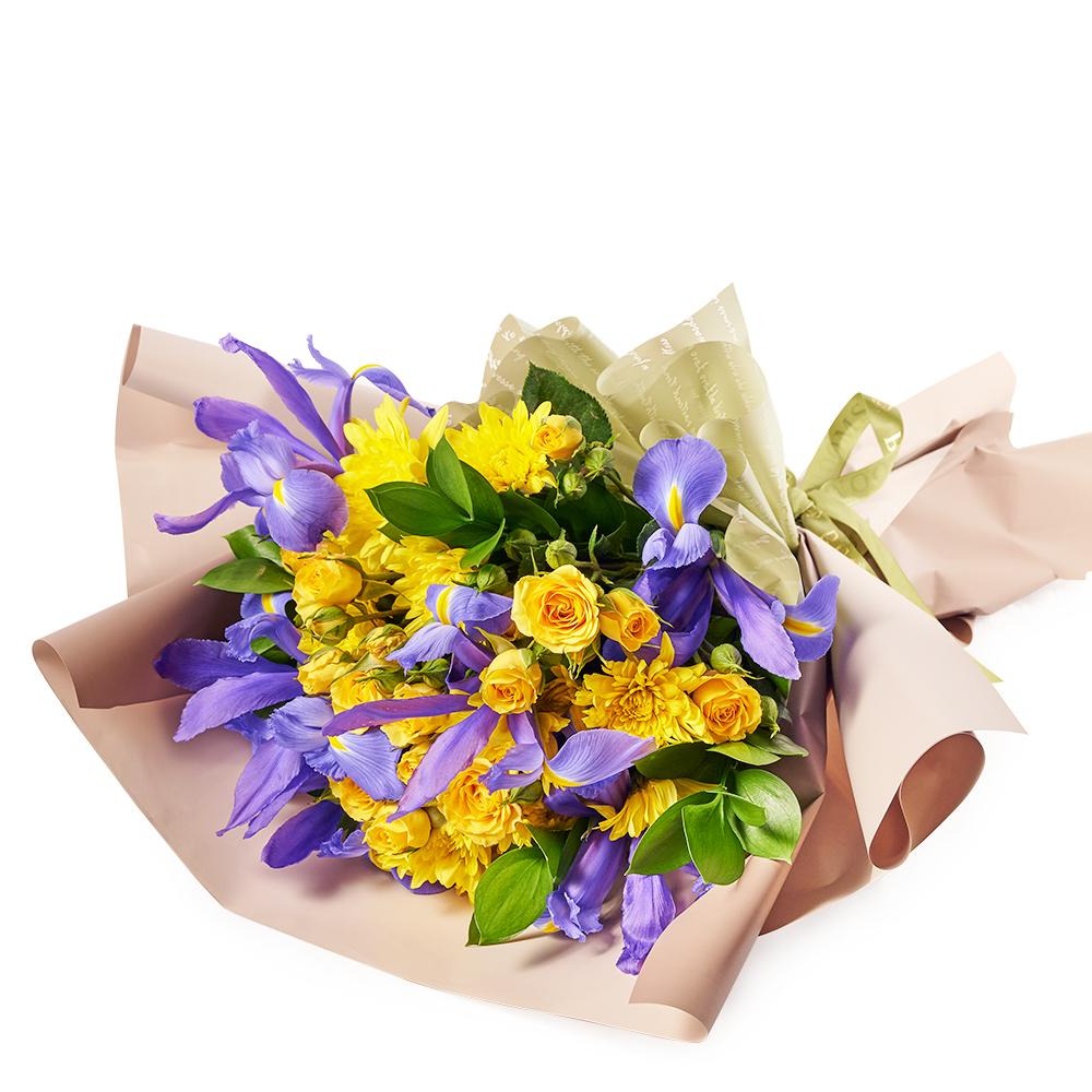 Purple and Yellow Iris Flower Bouquet – how the gift is presented