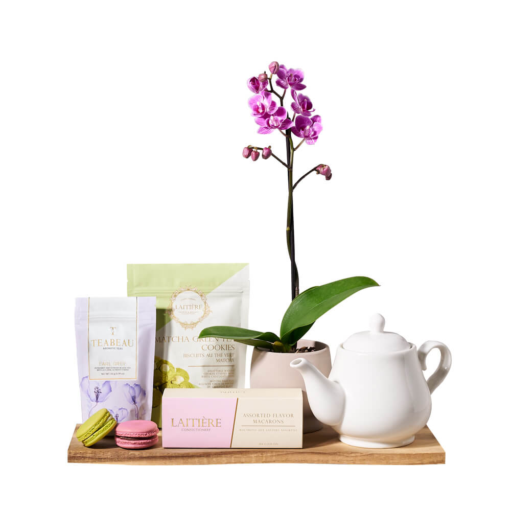 Phalaenopsis Orchid with Tea Gift – how the gift is presented