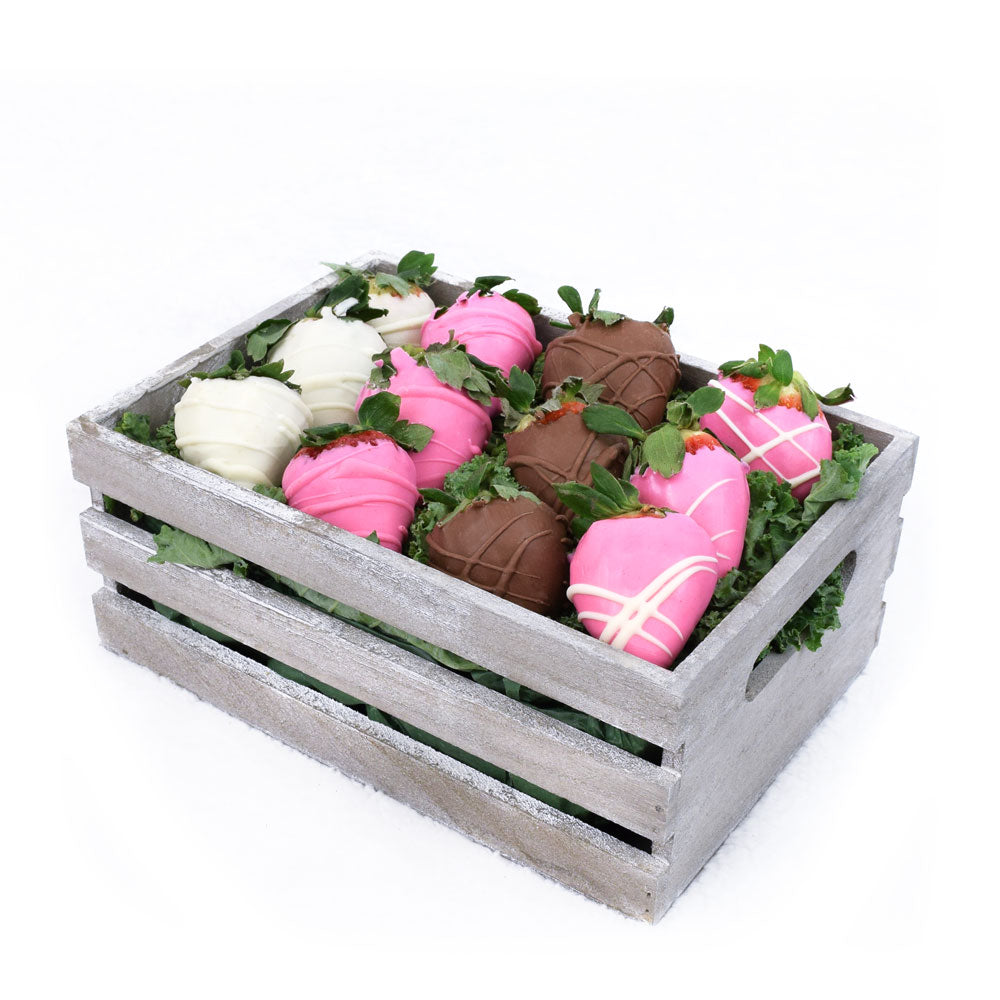 White and Milk Chocolate Strawberry Crate – how the gift is presented