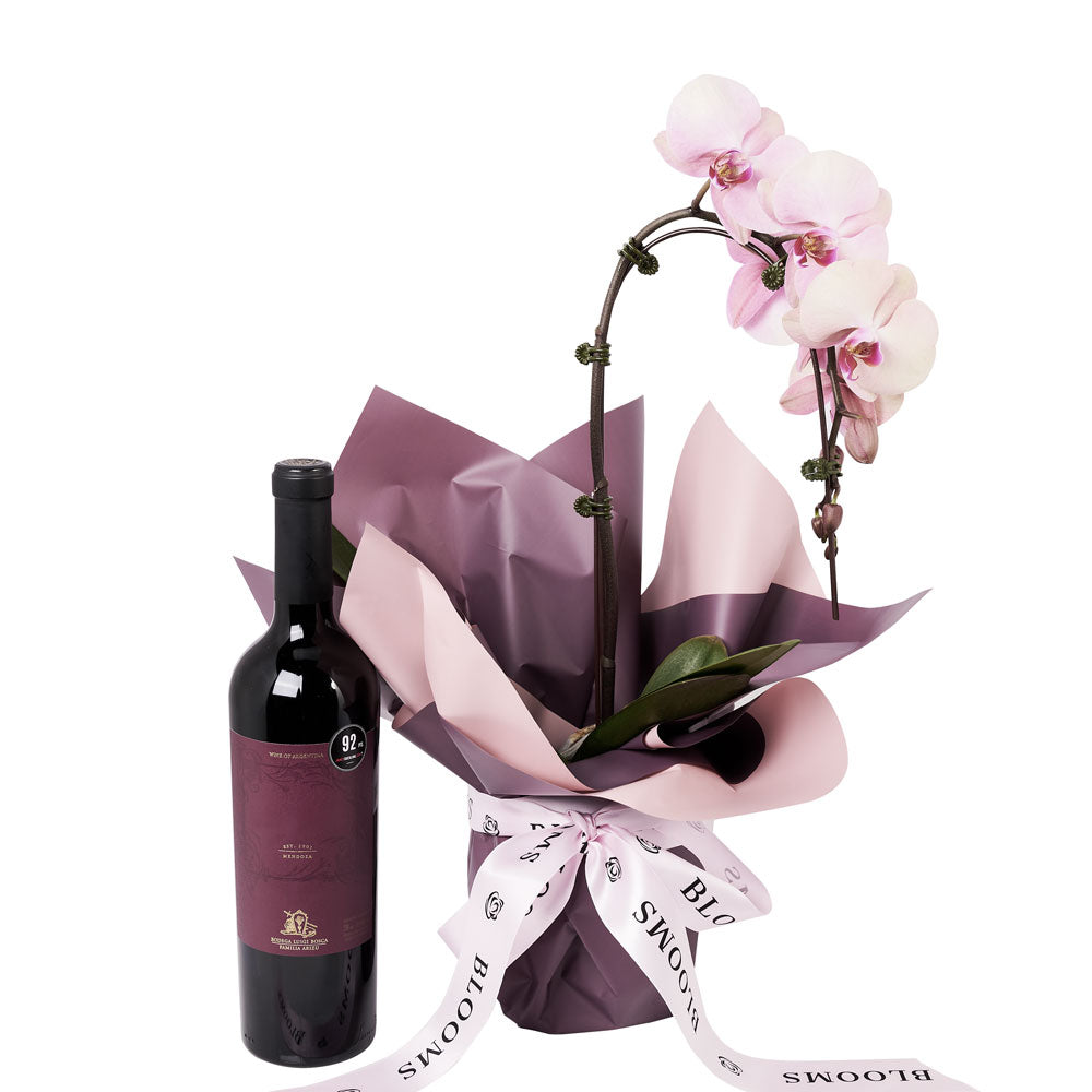 Phalaenopsis Orchid and Wine Gift – how the gift is presented
