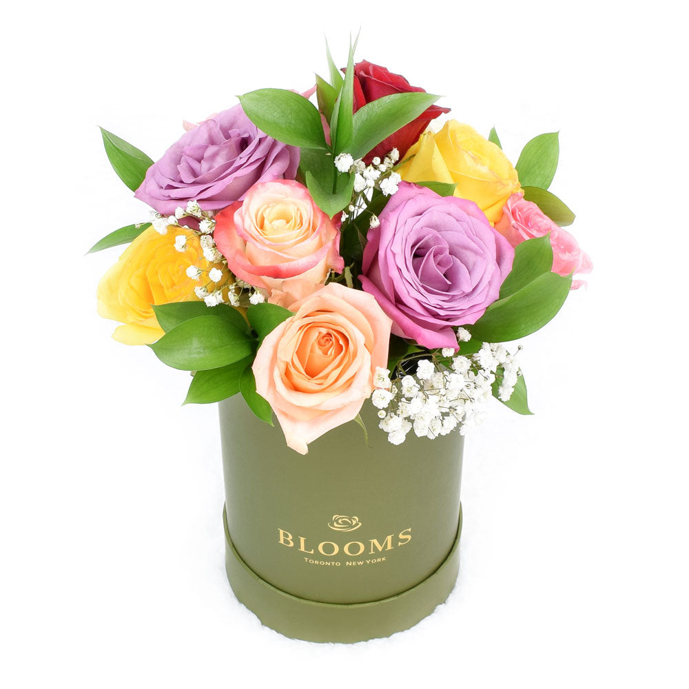 Multi-Hued Rose Hat Box Arrangement – how the gift is presented