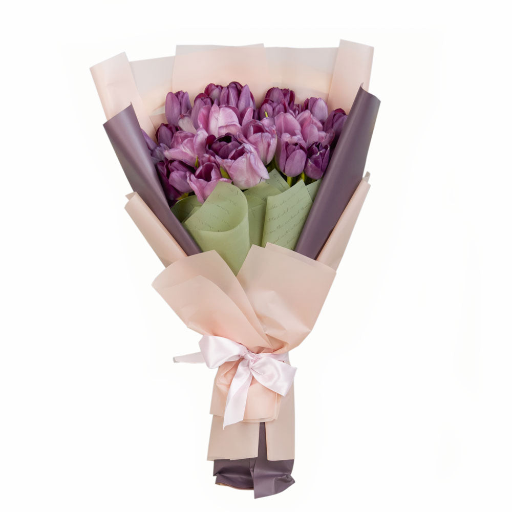 Purple Tulip Hand-Tied Bouquet – how the gift is presented