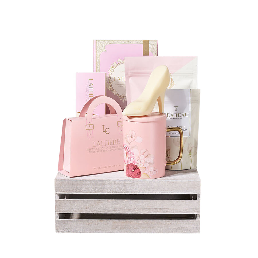 Perfect Pink Chocolate & Tea Crate, chocolate gift, chocolate, gourmet gift, gourmet, macaron gift, macaron, tea gift, tea. Vancouver Delivery