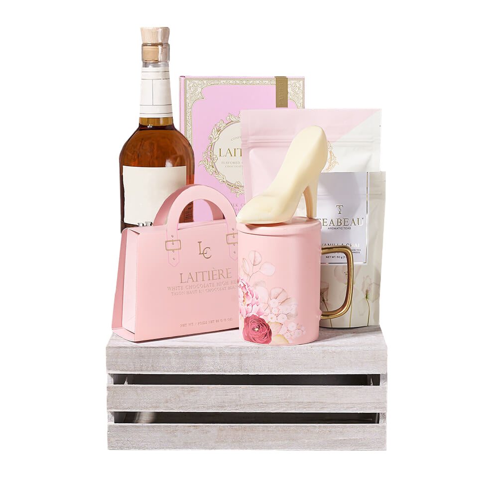 Liquor & Perfect Pink Chocolate Crate, liquor gift, liquor, chocolate gift, chocolate, tea gift, tea