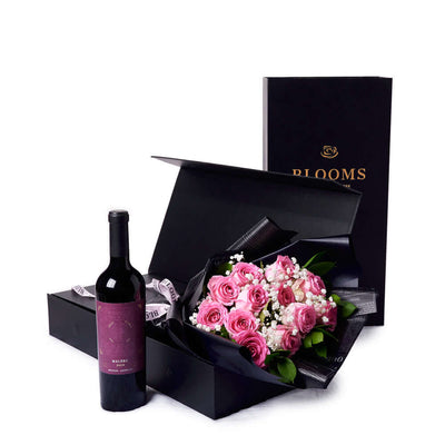 Valentine's Day 12 Stem Pink Rose Bouquet With Box & Wine, Vancouver Same Day Flower Delivery, Valentine's Day gifts, rose gifts, pink roses, wine gifts