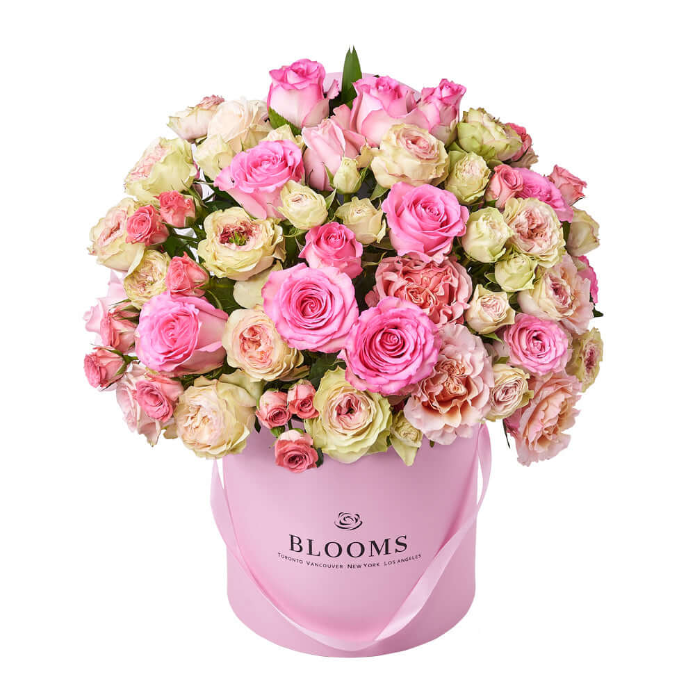 Ultimate Blushing Rose Gift, a mix of pink and white roses elegantly presented in a pink hat box, Flower Gifts from Vancouver Blooms - Same Day Vancouver Delivery.