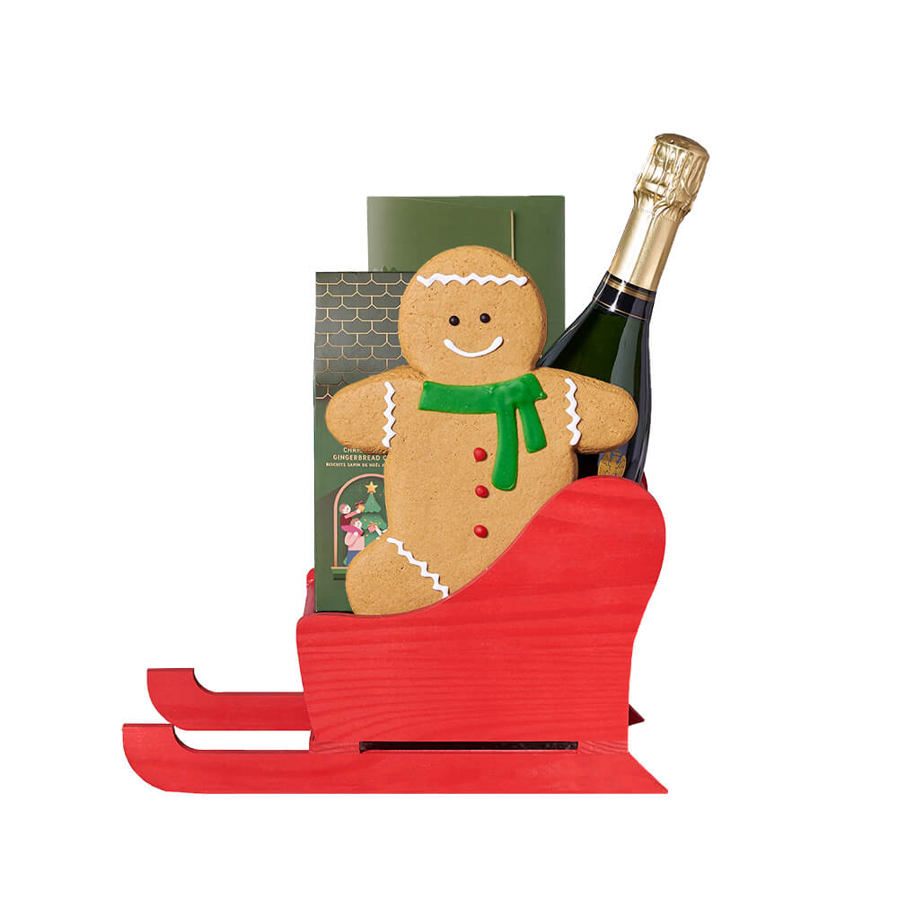 Christmas Gingerbread Sleigh Gift, champagne gift, champagne, sparkling wine gift, sparkling wine, gourmet gift, gourmet, christmas gift, christmas. Blooms Vancouver- Blooms Vancouver Delivery
