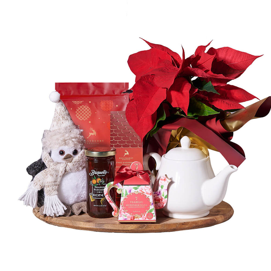 Christmas Poinsettia & Tea Gift Set, christmas gift, christmas, holiday gift, holiday, gourmet gift, gourmet, plant gift, plant. Blooms Vancouver- Blooms Vancouver Delivery