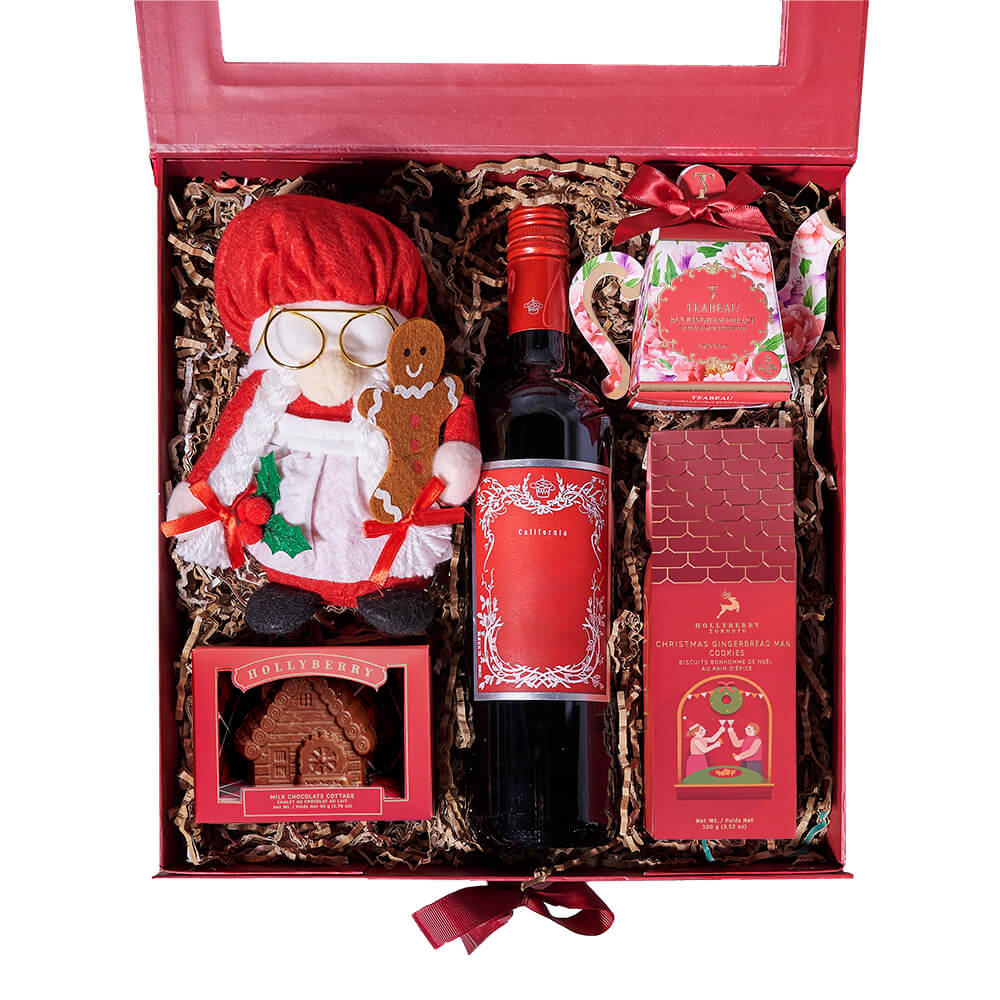 Christmas Wine &amp; Mrs. Claus Gift Box, christmas gift, christmas, holiday gift, holiday, wine gift, wine, gourmet gift, gourmet. Blooms Vancouver- Blooms Vancouver Delivery