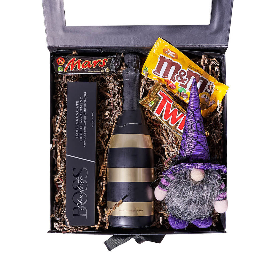 Halloween Champagne & Candy Box, champagne gift, champagne, sparkling wine gift, sparkling wine, gourmet gift, gourmet, halloween gift, halloween, candy gift, candy. Blooms Vancouver- Blooms Vancouver Delivery