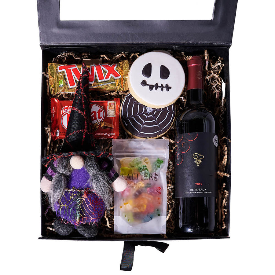 Halloween Chocolate & Wine Box, wine gift, wine, gourmet gift, gourmet, candy gift, candy. Blooms Vancouver- Blooms Vancouver Delivery