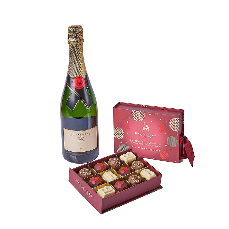 Cadeau de Noël avec champagne et chocolat