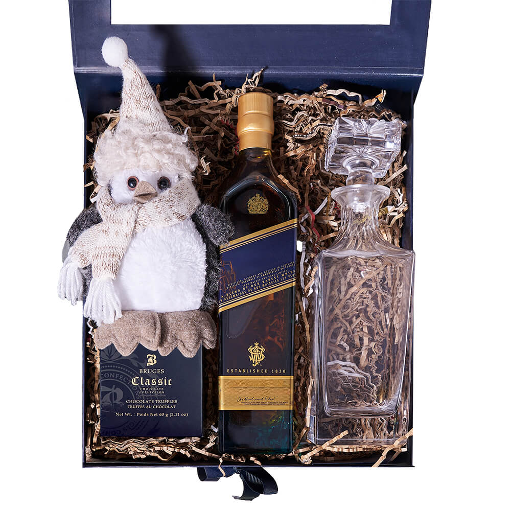 Holiday Penguin & Decanter Gift, christmas gift, Christmas, holiday gift, holiday, gourmet gift, gourmet, liquor gift, liquor. Blooms Vancouver- Blooms Vancouver Delivery