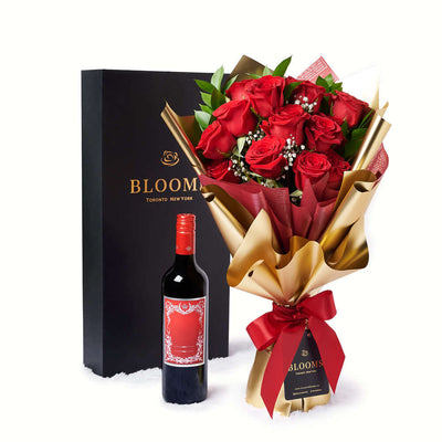 Valentine's Day 12 Stem Red Rose Bouquet With Box & Wine, roses, wine, Valentine's day gifts, Vancouver Same Day Flower Delivery