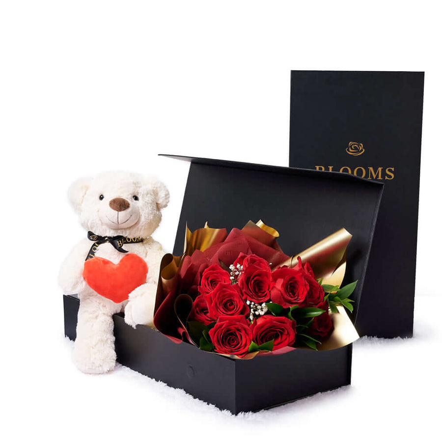 Valentine's Day 12 Stem Red Rose Bouquet With Box & Bear, plush, roses, Valentine's day gifts, Vancouver Same Day Flower Delivery