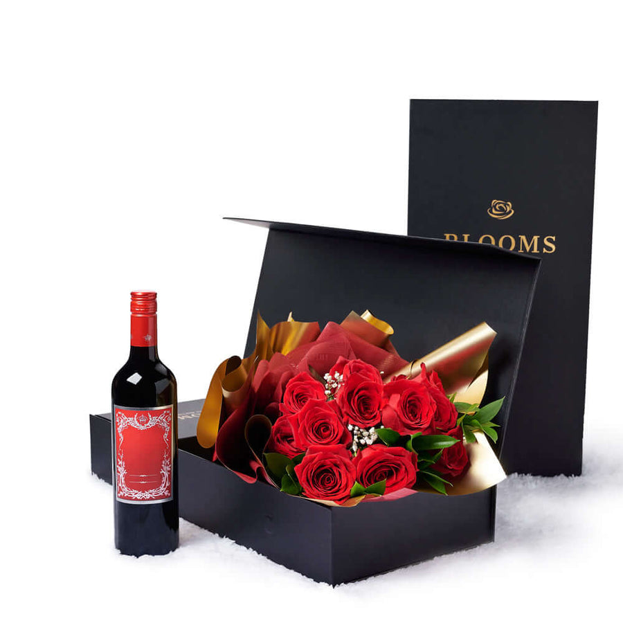 Valentine's Day 12 Stem Red Rose Bouquet With Box & Wine, roses, wine, Valentine's day gifts, Vancouver Same Day Flower Delivery
