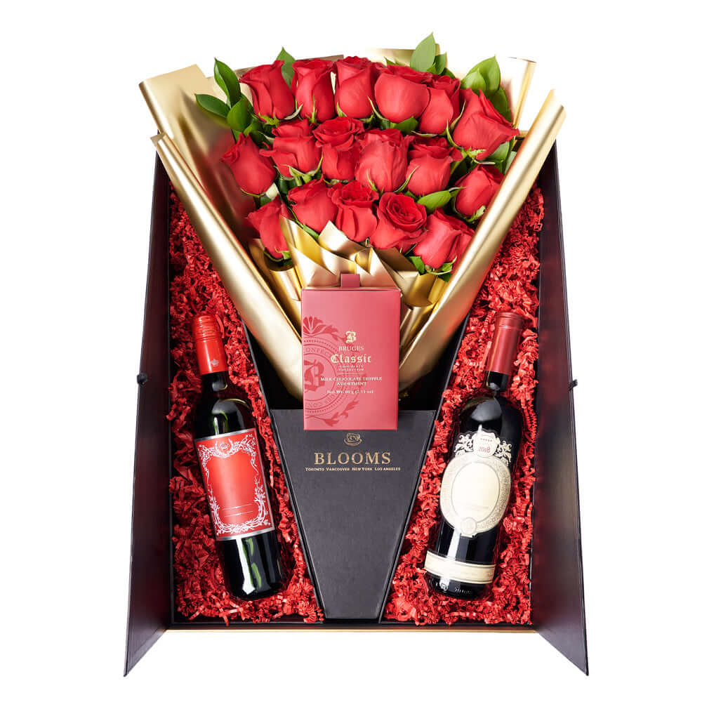 Valentines Day 18 Stem Red Roses With Chocolate & Wine, Rose Arrangement with Chocolate & Wine, Valentine's Flower Gifts from Vancouver Blooms - Same Day Vancouver Delivery.
