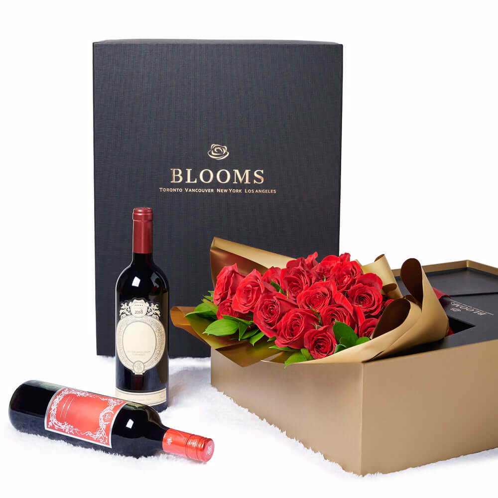 Valentines Day 18 Stem Red Roses With Chocolate & Wine, Rose Arrangement with Chocolate & Wine, Valentine's Flower Gifts from Vancouver Blooms - Same Day Vancouver Delivery.