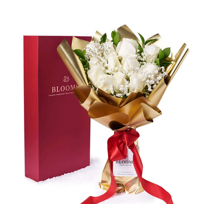 Valentine's Day 12 Stem White Rose Bouquet With Designer Box, Vancouver Same Day Flower Delivery, Valentine's Day gifts, roses. Vancouver Delivery