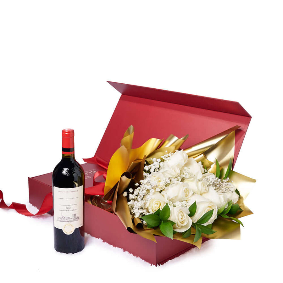 Valentine's Day Dozen White Rose Bouquet With Box & Wine, Vancouver Same Day Flower Delivery, flower gifts, Valentine's Day gifts, wine gifts